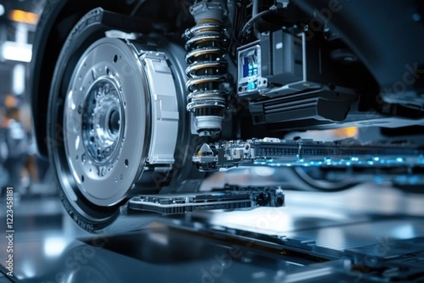 Fototapeta Close-up of electric vehicle's wheel, suspension, and brake system.