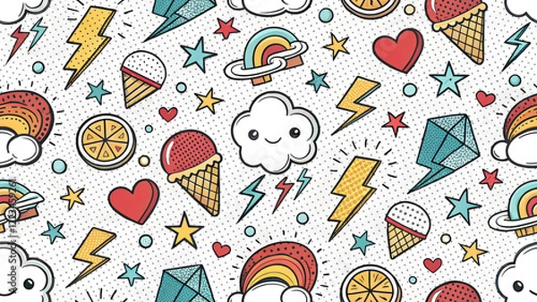Fototapeta Illustration with ice cream, strawberries, hearts, stars, rainbow - seamless pattern for your design