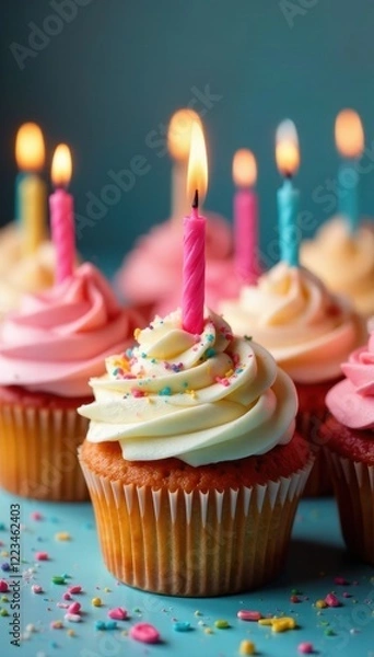 Fototapeta A dozen colorful birthday cupcakes with candles , red velvet, kitchen