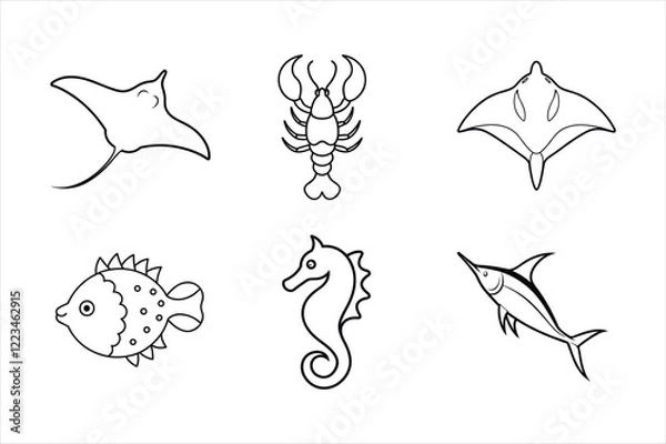 Fototapeta set of sea animals outline vector 