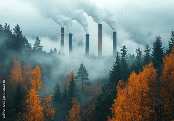 Fototapeta A forest with smokestacks emitting air pollution in the background, symbolizing the environmental impact and global warming.