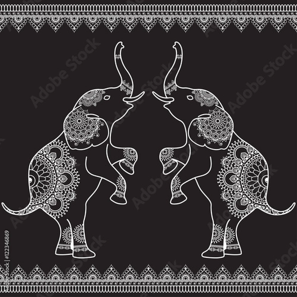 Fototapeta Two elephants standing up with seamless line lace borders in ethnic mehndi Indian henna style.