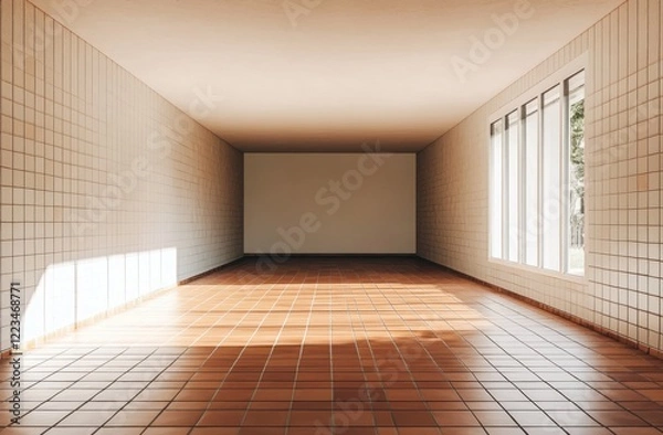Fototapeta A large room with a white wall and a window. The floor is made of tiles. There is a large empty wall in the room