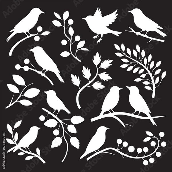 Obraz Collection of Bird Silhouettes in Various Poses with Branches and Leaves – Elegant Minimalist birds silhouette Design
