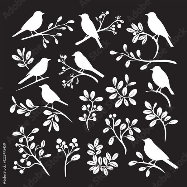 Fototapeta Collection of Bird Silhouettes in Various Poses with Branches and Leaves – Elegant Minimalist birds silhouette Design
