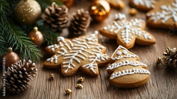 Fototapeta Festive gingerbread cookies with snowflake designs on wooden table with pinecones and ornaments