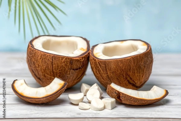 Fototapeta Freshly cracked coconuts with white flesh and brown shells, arranged on a white surface with a green palm leaf in the background.