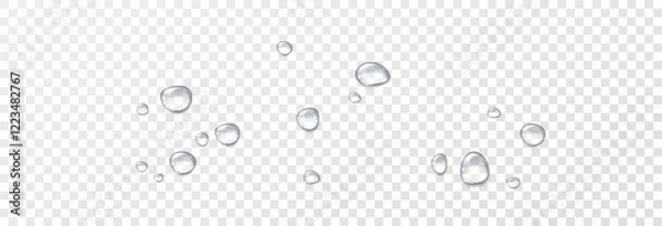 Fototapeta  Realistic water drops on a transparent background, condensation on the surface with light reflection and shadow, vector, png, 3D effect.