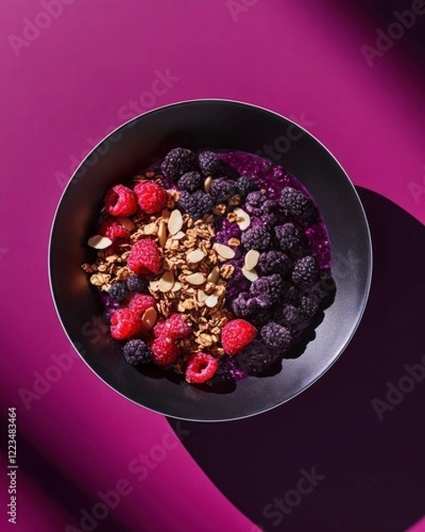 Fototapeta Colorful acai bowls topped with fresh blackberries, raspberries, granola, and almond slices in artistic lighting and textured bowls.