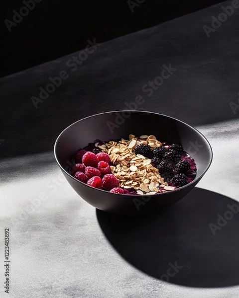 Fototapeta A moody smoothie bowl featuring raspberries, blackberries, granola, and almond slices, artfully styled in a black bowl with dramatic lighting.