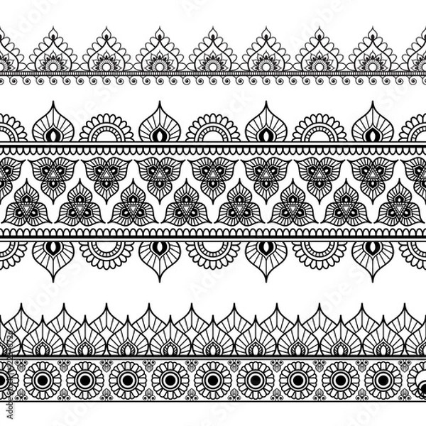 Fototapeta Border line lace mehndi elements in Indian style for card and tattoo isolated on white background.