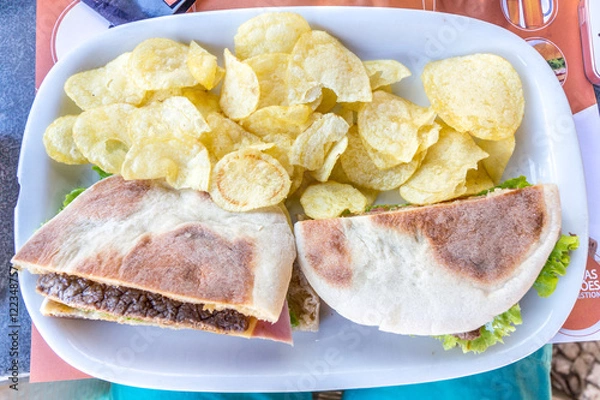 Obraz Plate with Bread Meat and chips