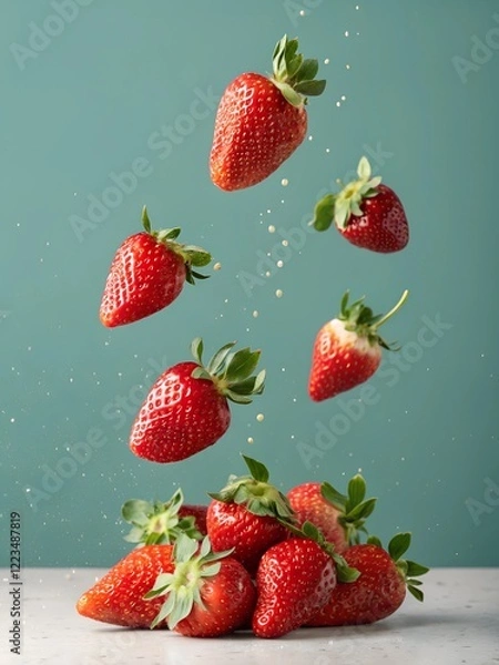 Fototapeta Vivid red strawberries floating gracefully against a teal background with light splashes. A vibrant and fresh visual perfect for fruit promotions, health campaigns, and creative food photography