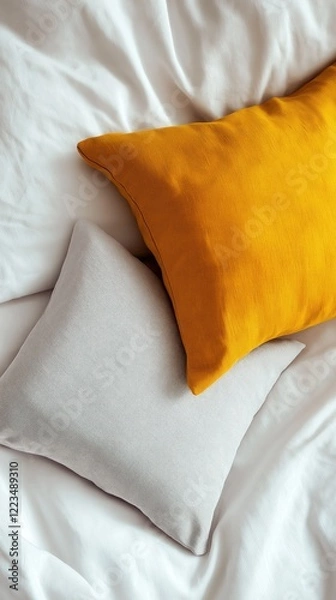 Obraz two decorative pillows on white bed linens with warm mustard and soft grey tones creating cozy mood copyspace concept of home decor and textile design