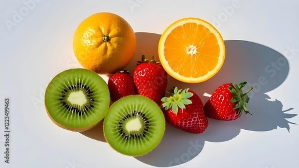 Fototapeta Top view A visually appealing arrangement of fresh fruits, including oranges, strawberries, and kiwis, set against a clean white background