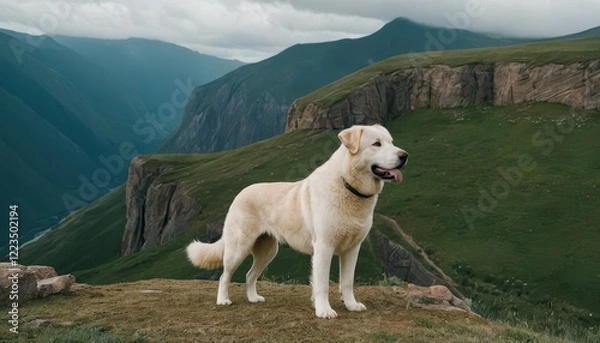 Fototapeta Powerful Alabai dog in a natural mountain setting, showcasing its proud stance and thick coat, framed by dramatic landscapes and expansive views