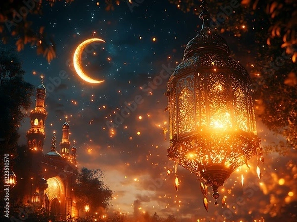 Fototapeta Illuminated Lantern Hanging from a Tree with a Crescent Moon and Glowing Particles in a Twilight Sky

