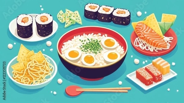 Fototapeta Rice in bowl, soup ramen with noodles and eggs. Traditional japanese food cooked from rice. Vector cartoon set with sushi, taiyaki fish, chips, dango, wagashi and mochi isolated on white background