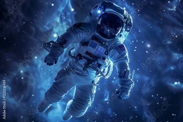 Fototapeta Portrait of Astronaut Posing in a Space Suit During a Spacewalk Mission on a Spaceship. Neural network ai generated