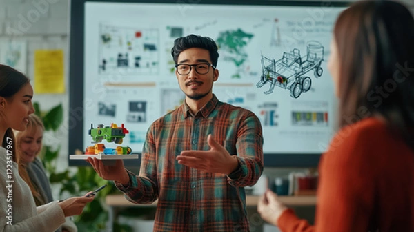 Fototapeta Toy Designer Holding a Small Prototype of a New Toy, Explaining Its Features to a Team in a Creative Studio with Digital Sketches and Consumer Trends on a Large Screen Behind