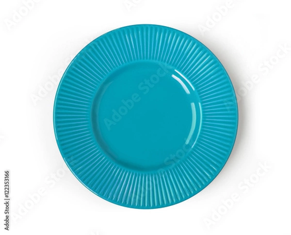 Fototapeta Top view of contemporary blue ceramic empty plate isolated on white background. SkyBlue