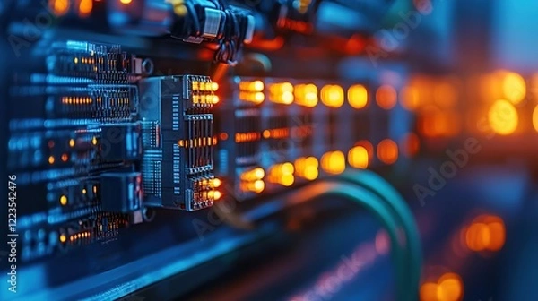 Obraz Close-Up View of Circuit Board Components with Illuminated LEDs in Data Center Equipment