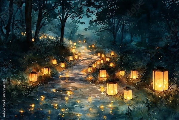 Fototapeta Artistic watercolor a cluster fireflies lighting up a dark forest path, tiny lanterns floating in the night