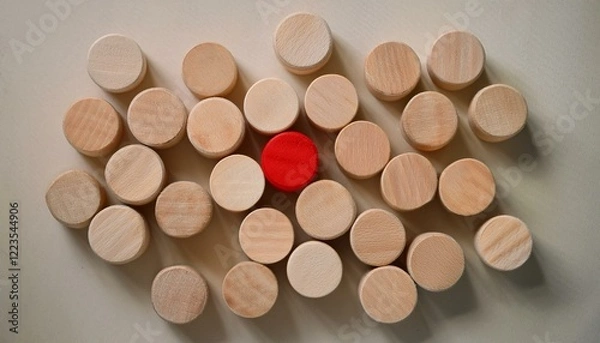 Fototapeta 둥근 나무 블록들과 네모난 나무 블록이 섞여 있는 가운데, 유일하게 붉게 칠해진 삼각형 블록이 돋보이는 장면