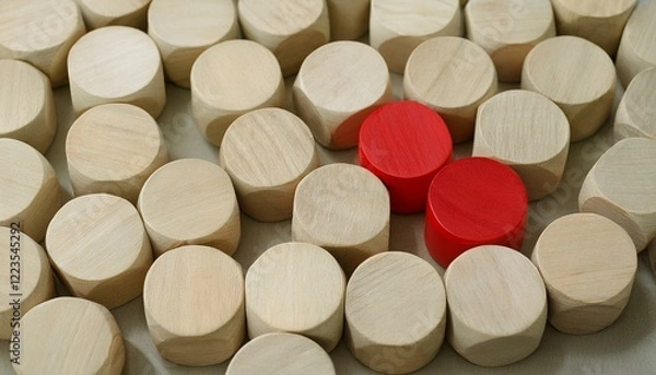 Fototapeta 둥근 나무 블록들과 네모난 나무 블록이 섞여 있는 가운데, 유일하게 붉게 칠해진 삼각형 블록이 돋보이는 장면