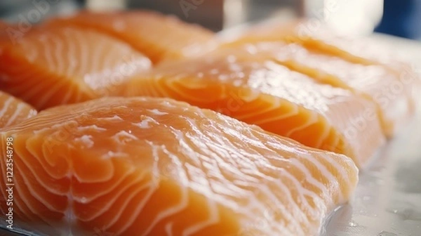 Fototapeta Fresh raw salmon fillets displayed on ice in a seafood market