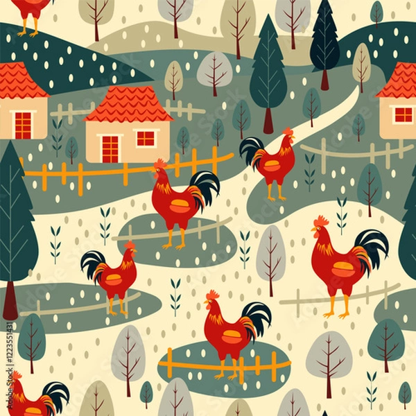 Fototapeta village yard with roosters and houses. seamless vector pattern