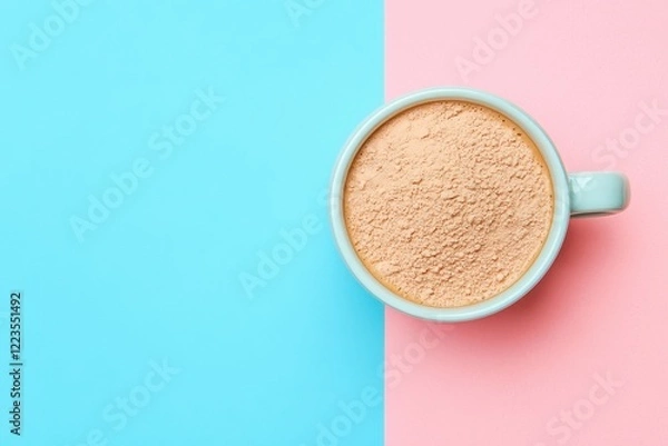 Fototapeta Collagen powder and coffee on a dual colored background Enhanced protein source Supplement for skin and bone health Close up shot from above