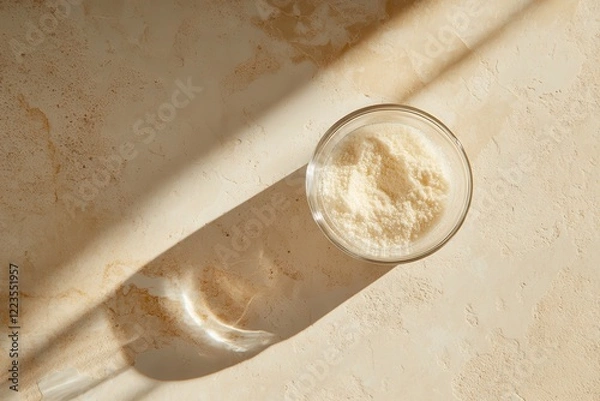 Obraz Collagen powder and water in a measuring spoon on a light background Natural health and beauty supplement Close up view