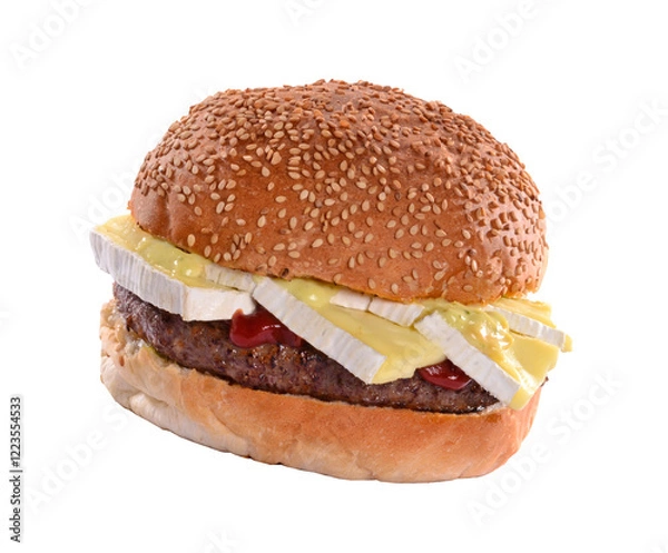 Fototapeta Brie cheese burger isolated on transparent layered background.