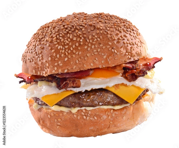 Fototapeta Bacon egg hamburger isolated on transparent layered background.
