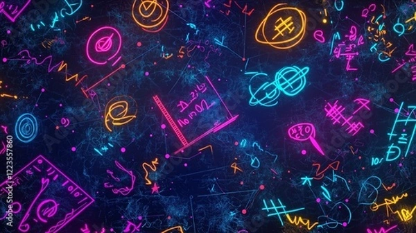 Fototapeta A dynamic and seamless pattern of mathematical symbols and formulas with vibrant neon colors on a dark background.