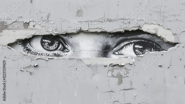 Fototapeta Textured Grey Wall Reveals Hidden Graffiti Art With Captivating Eyes Peeking Through the Peeling Layers