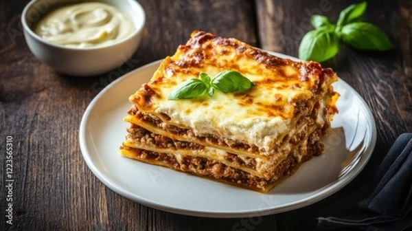 Fototapeta A classic Italian lasagna with layers of rich meat sauce, creamy béchamel, and melted cheese