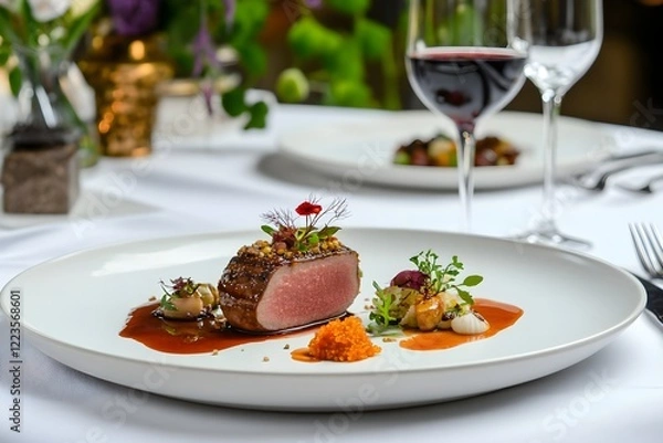 Fototapeta A gourmet dish in a fine dining restaurant – white tablecloth and wine glasses in the background.