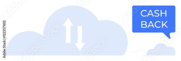 Fototapeta Blue cloud with upward and downward arrows, cash back speech bubble. Ideal for online storage, data transfer, digital rewards, customer loyalty, internet services, financial incentives, cloud