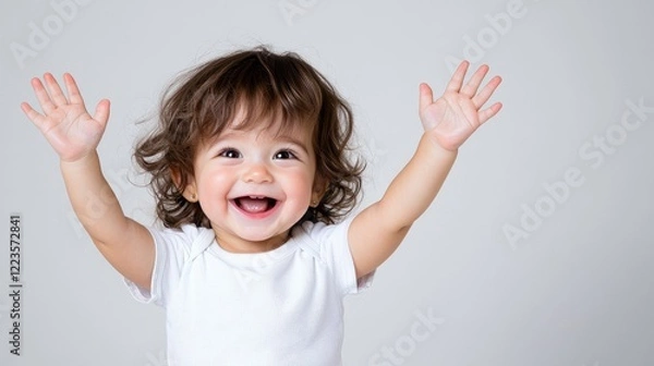 Fototapeta Happy toddler girl raising hands, studio shot, grey background, child development
