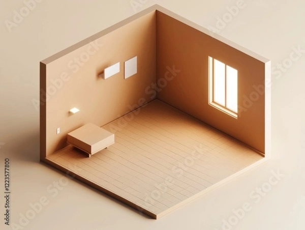 Obraz 3D isometric rendering of a brown, empty room, showcasing a simple layout for interior design purposes.