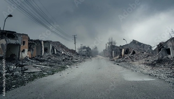 Fototapeta 지진으로 인해 도로가 갈라지고 건물들이 무너져 내리는 장면,