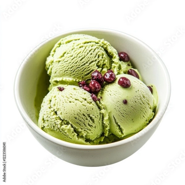 Fototapeta A bowl of vibrant green matcha ice cream with red bean paste, isolated white background, minimalist art style