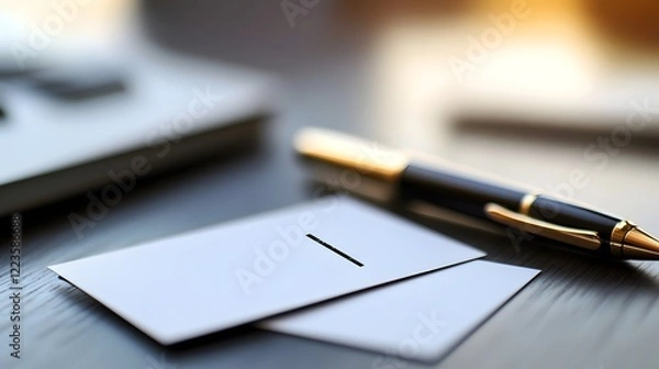 Obraz Elegant Black Pen on Blank White Business Cards Minimalist Office Workspace Professional Stationery Design Modern Business Branding Identity Template 