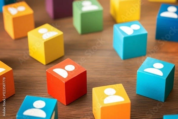 Obraz Vibrant blocks with people icons on wooden table human resources management concept