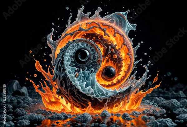 Obraz A three-dimensional photorealistic yin yang symbol in which one of the symbols is a blister of hot magma bursting from the bowels of the earth, and the other circle is a sphere of ice  - generated by