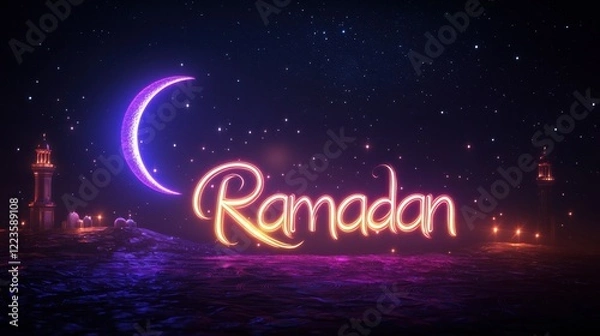 Obraz Celebrations for Ramadan are depicted with vibrant lights illuminating a mosque and a crescent moon set against a dark night sky. The atmosphere reflects joy and spirituality during the holy month