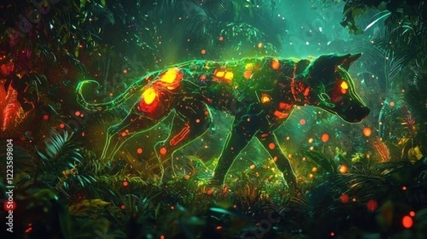 Obraz A glowing dog wanders through a lush jungle with bioluminescent plants and colorful particles floating in the air as dusk settles, creating a magical atmosphere