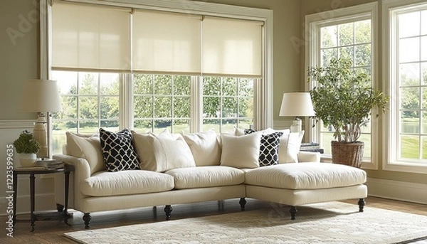 Obraz Beige motorized roller shades elegantly frame large windows, a pastel velour sofa, and serene green views of summer outside.